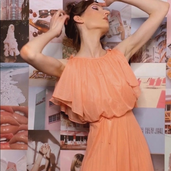 VINTAGE 1970s NEW Salmon Coral Orange Pink Pleated Grecian Bridesmaid Maxi Dress - Picture 9 of 10